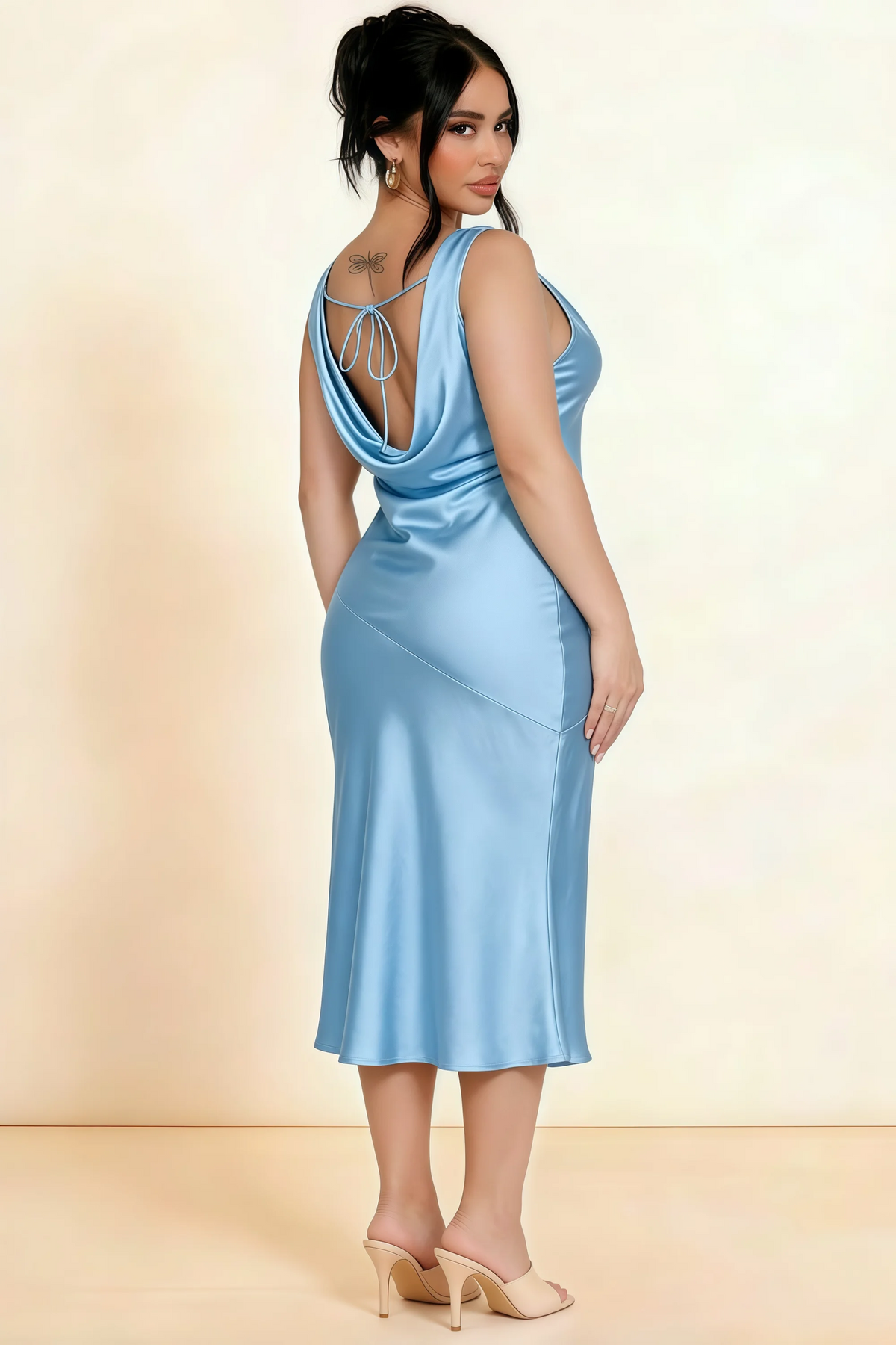 Alexis Haze Blue Satin Cowl Neck Tie-back Midi Dress