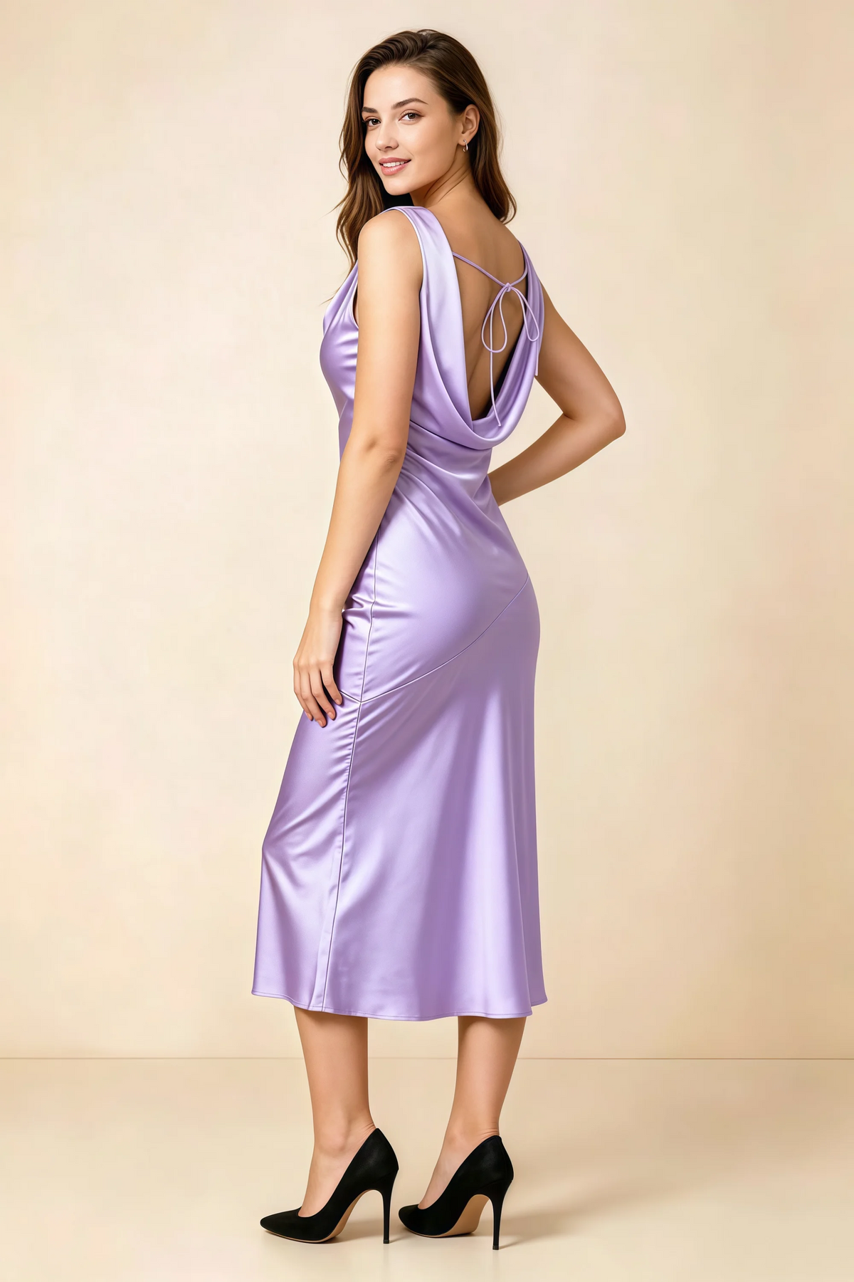 Alexis Lilac Satin Cowl Neck Tie-back Midi Dress