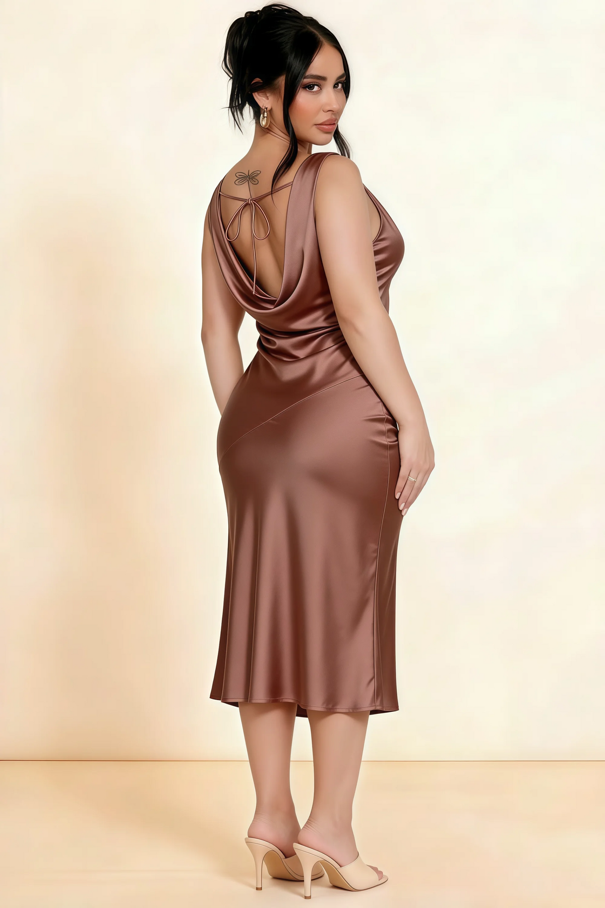 Alexis Mocha Satin Cowl Neck Tie-back Midi Dress