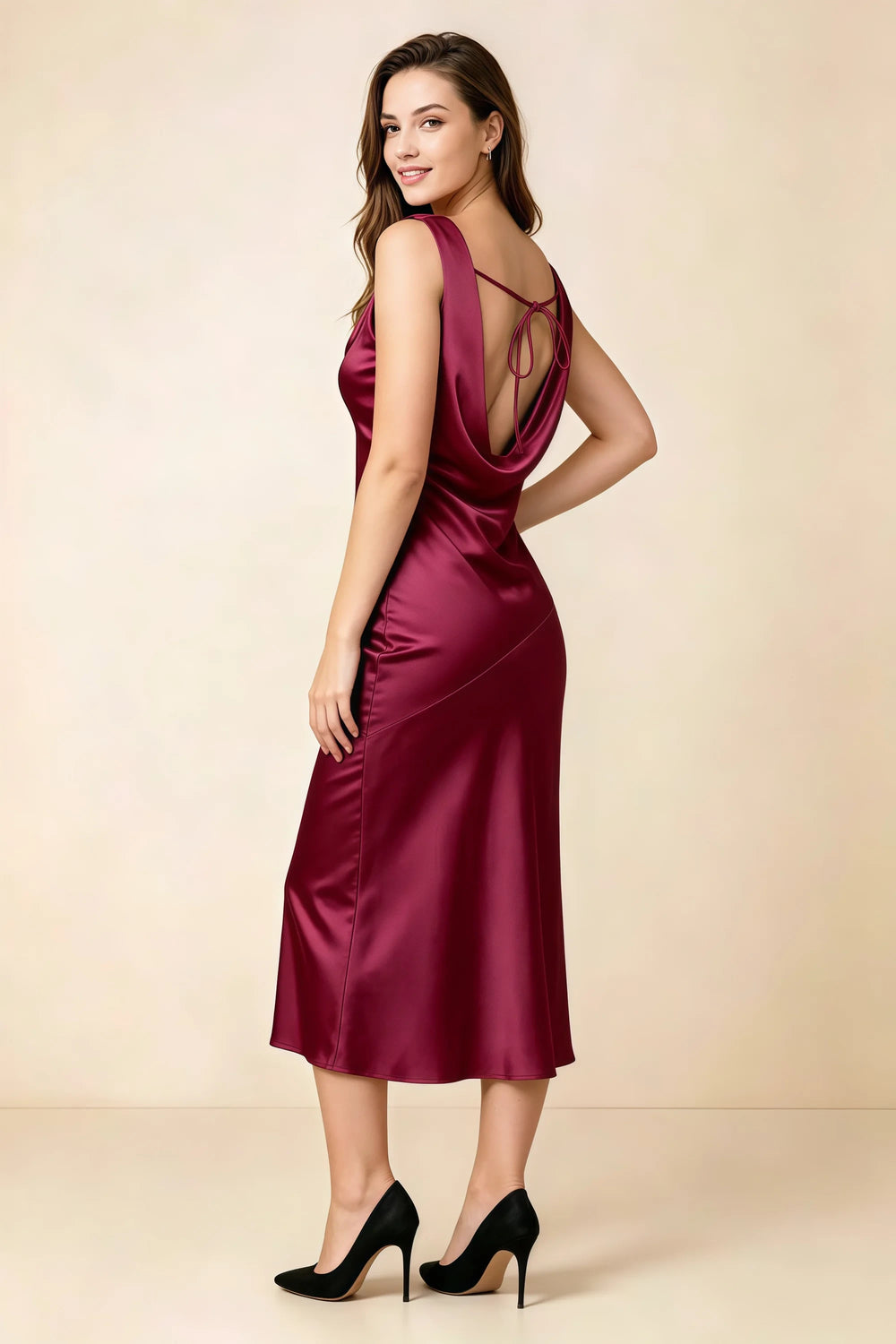 Translation missing: en.Rear three-quarter view of the LVLVS Alexis mulberry midi dress, showing the low cowl back, tie detail and fitted waist. content.product_image_secondary