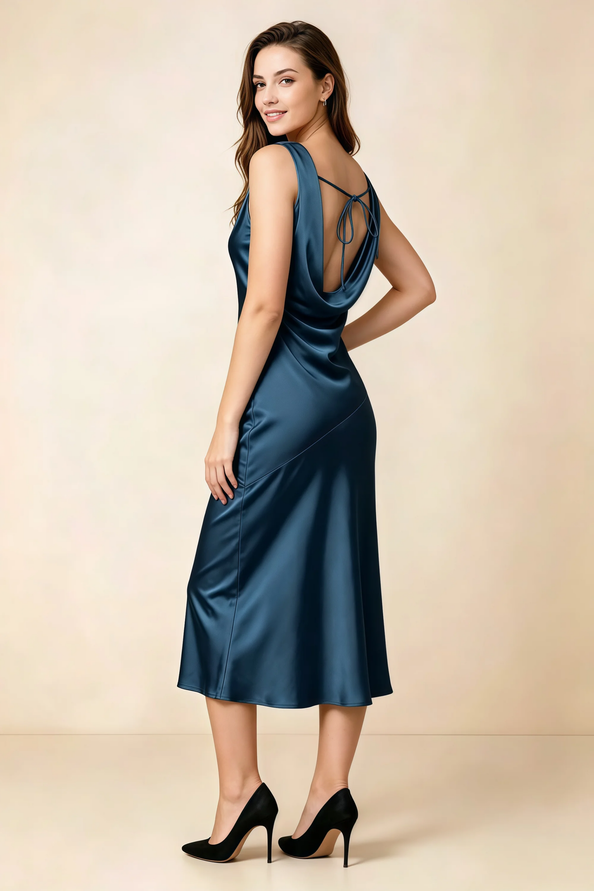 Alexis Navy Satin Cowl Neck Tie-back Midi Dress