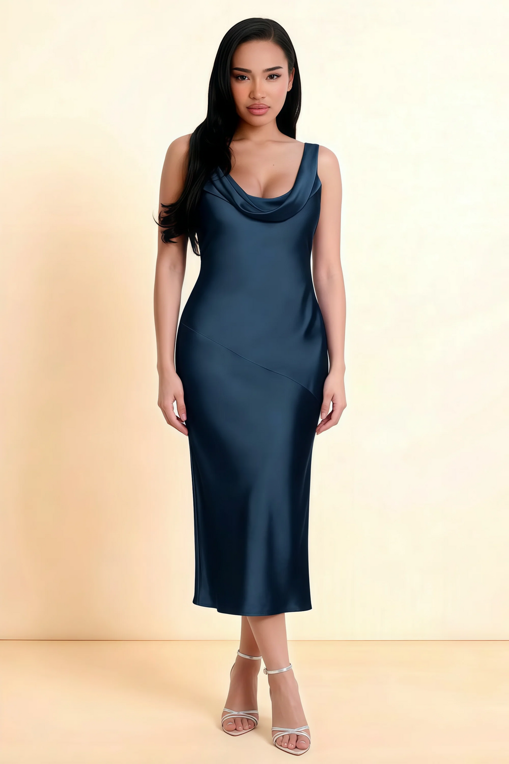 Alexis Navy Satin Cowl Neck Tie-back Midi Dress