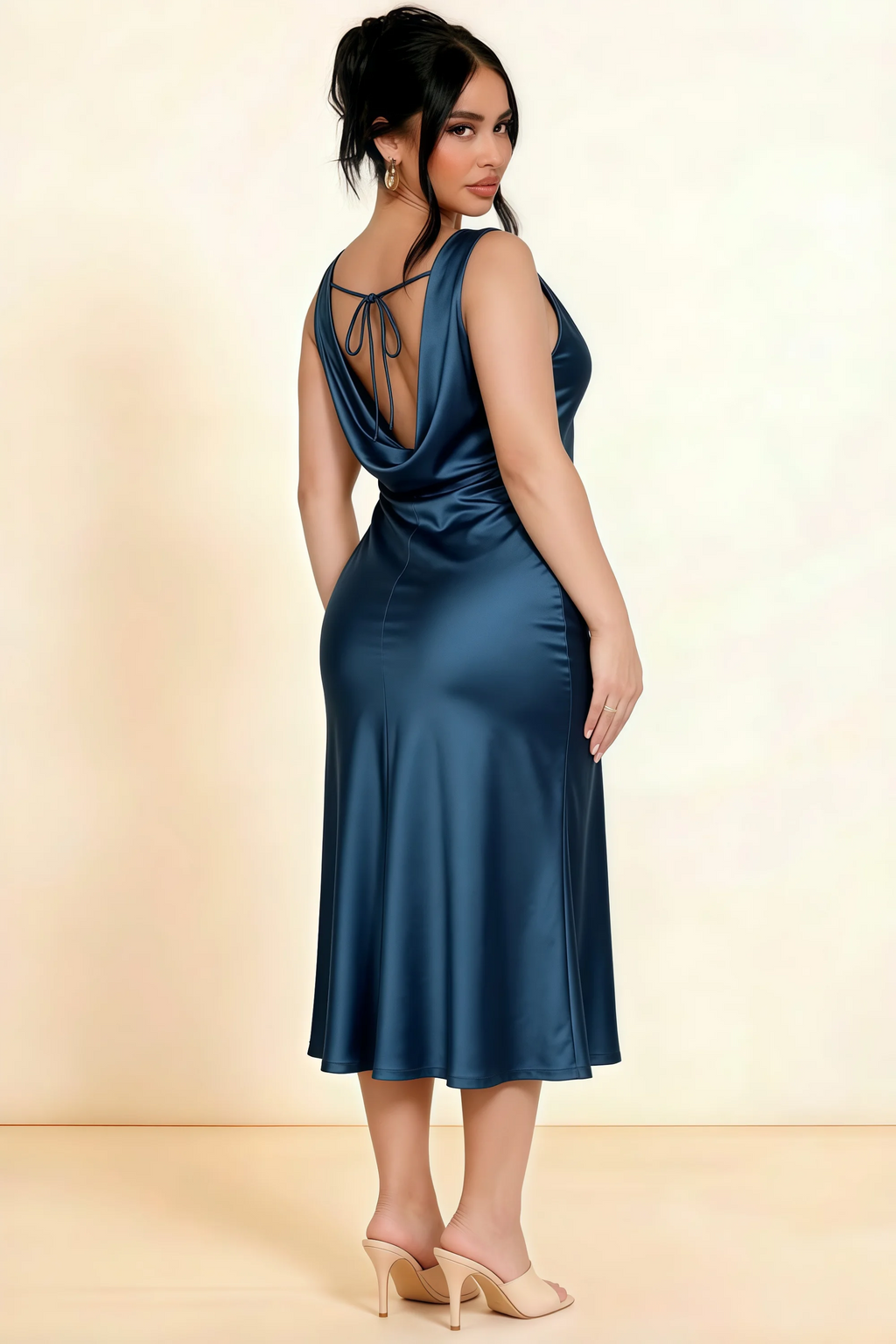 Alexis Navy Satin Cowl Neck Tie-back Midi Dress