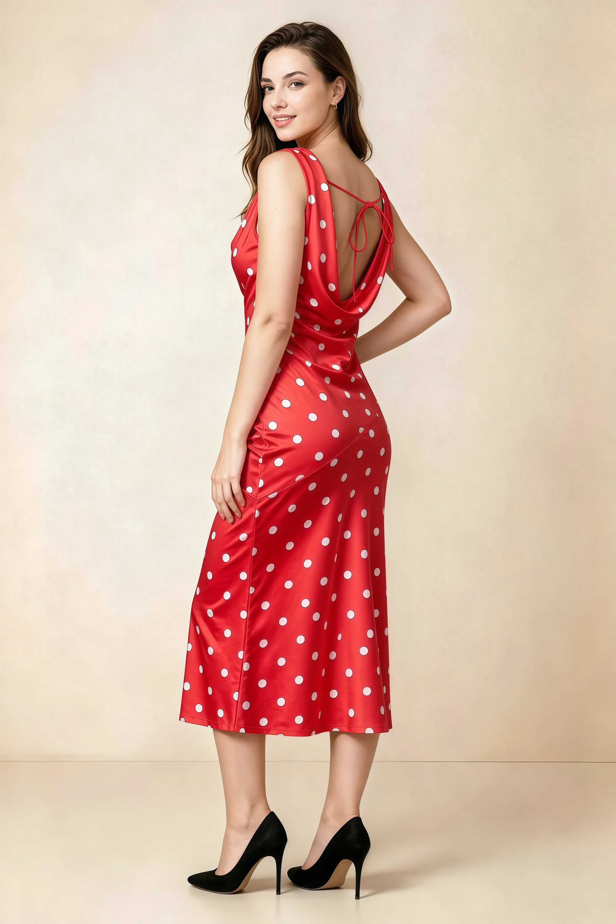Alexis Red Polka Dot Cowl Neck Tie-back Midi Dress Secondary image