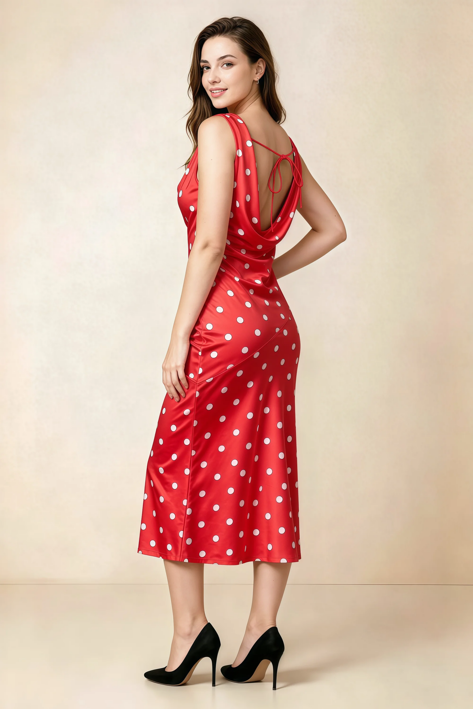 Alexis Red Polka Dot Cowl Neck Tie-back Midi Dress
