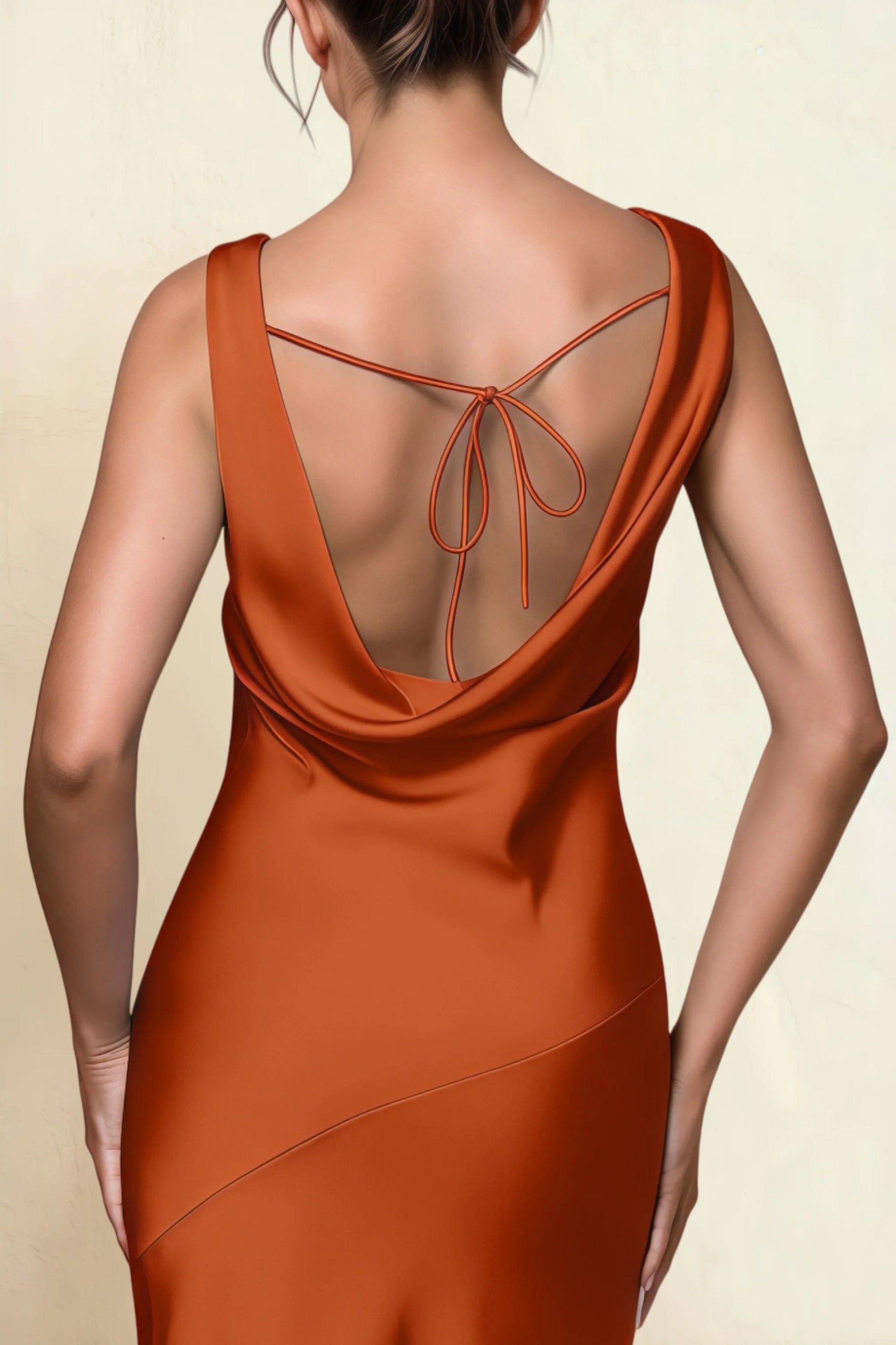 Alexis Rust Satin Cowl Neck Tie-back Midi Dress