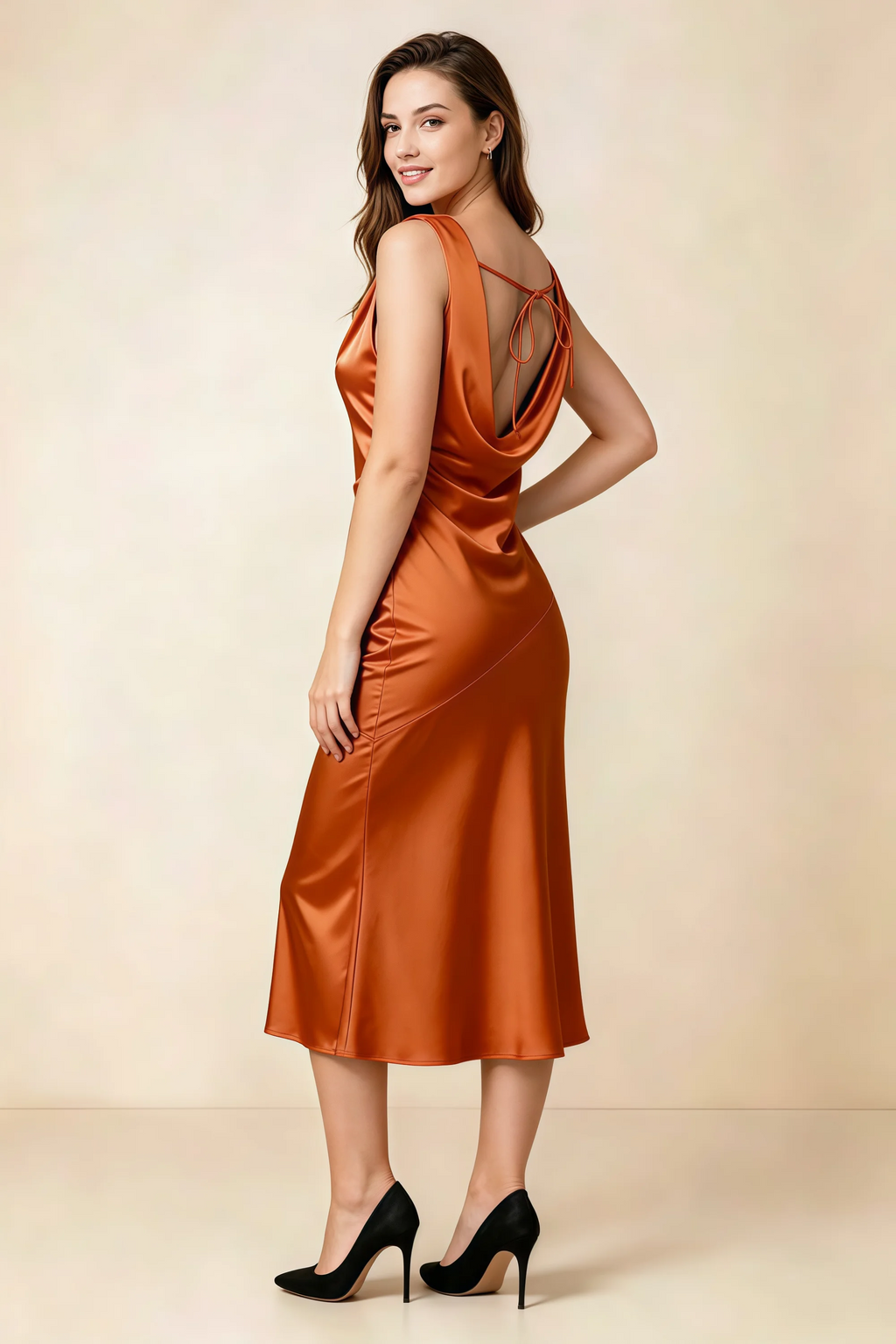 Alexis Rust Satin Cowl Neck Tie-back Midi Dress