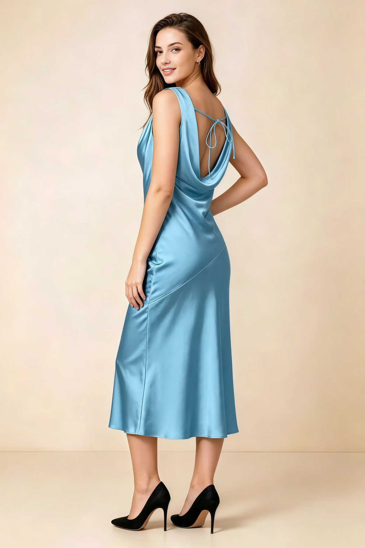 Alexis Steel Blue Satin Cowl Neck Tie-back Midi Dress
