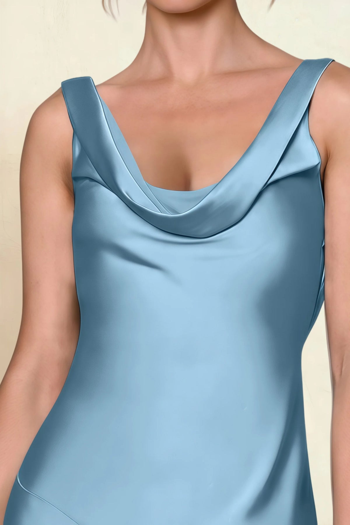 Alexis Steel Blue Satin Cowl Neck Tie-back Midi Dress