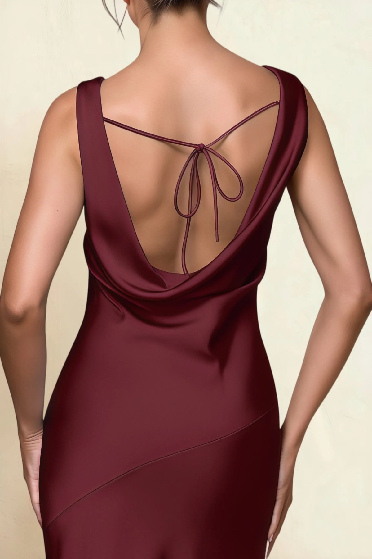 Alexis Wine Satin Cowl Neck Tie-back Midi Dress