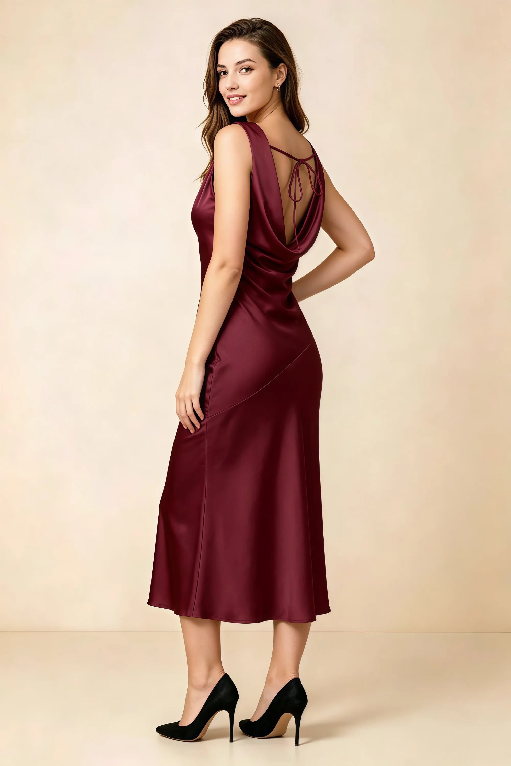 Alexis Wine Satin Cowl Neck Tie-back Midi Dress Imagen secundaria del producto
