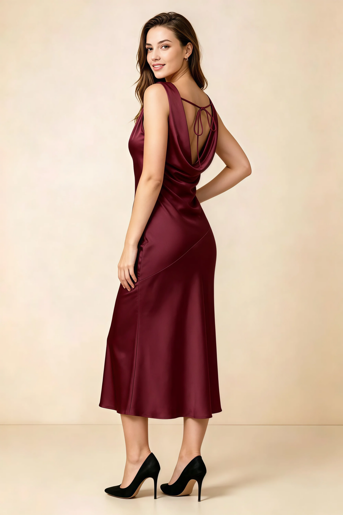 Alexis Wine Satin Cowl Neck Tie-back Midi Dress