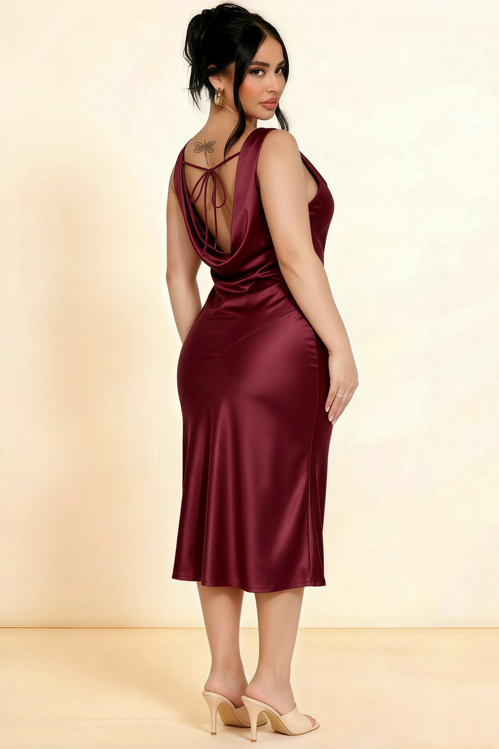 Alexis Wine Satin Cowl Neck Tie-back Midi Dress