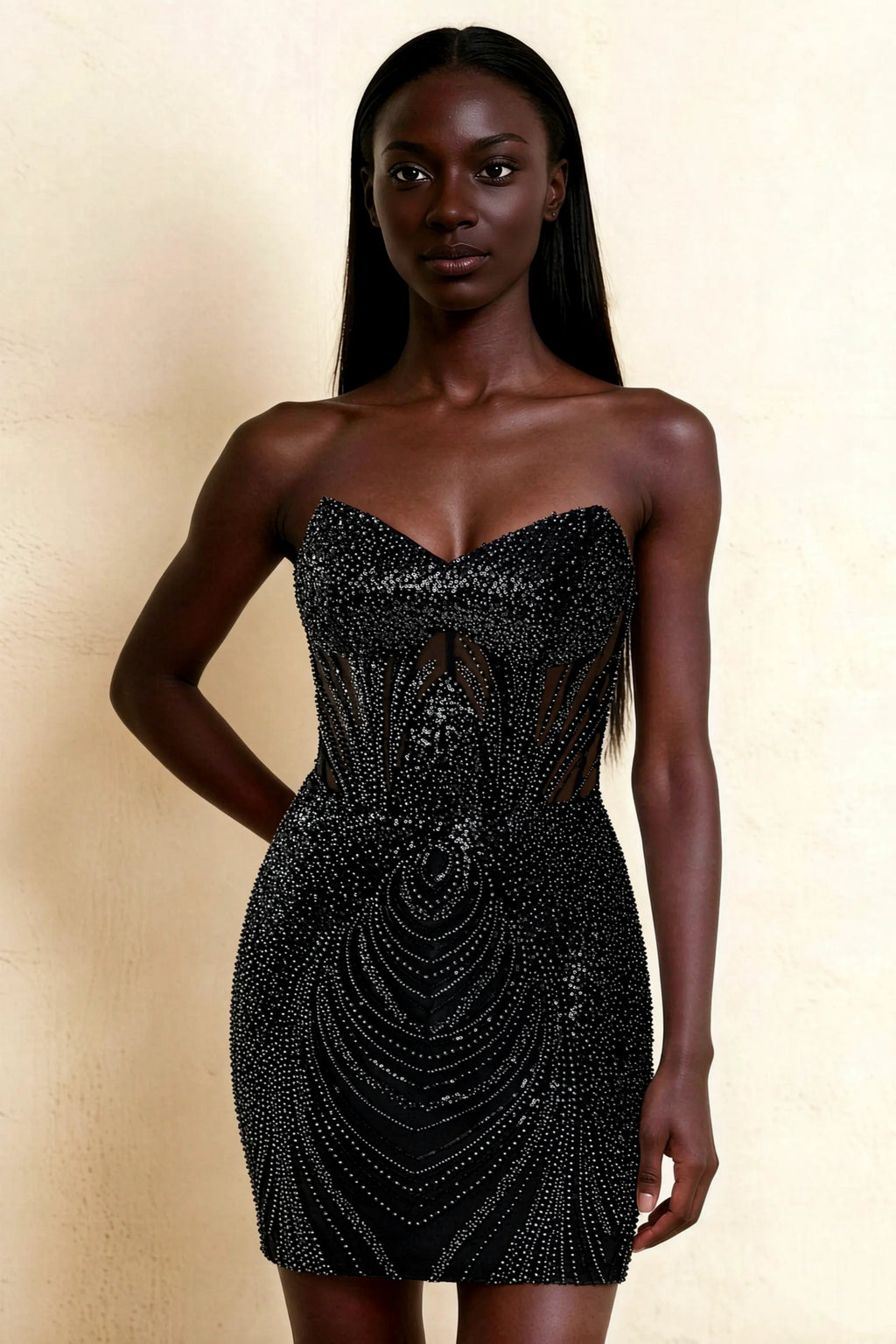 Alice Black Bodycon Beaded Mini Dress with Lace-up