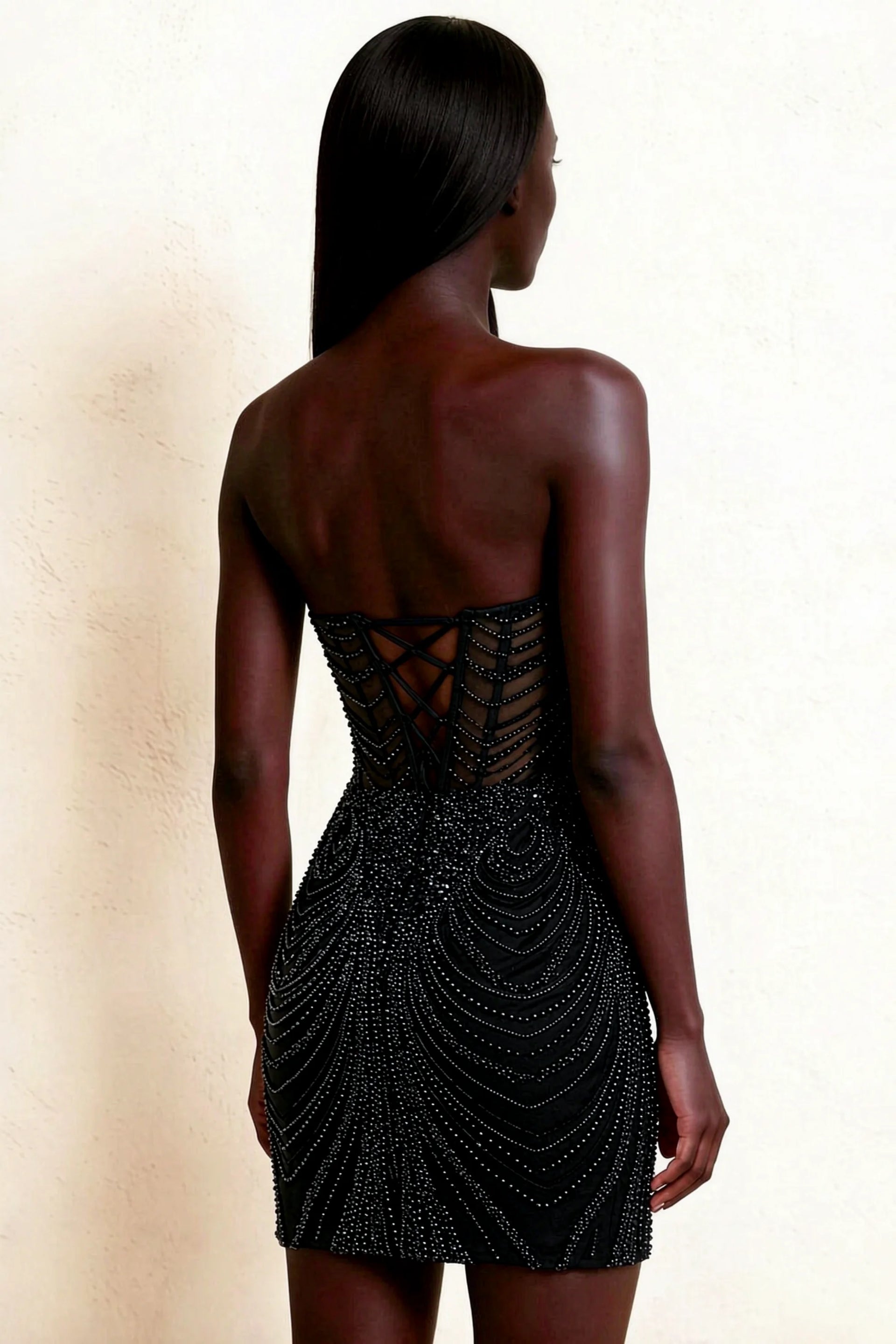 Alice Black Bodycon Beaded Mini Dress with Lace-up
