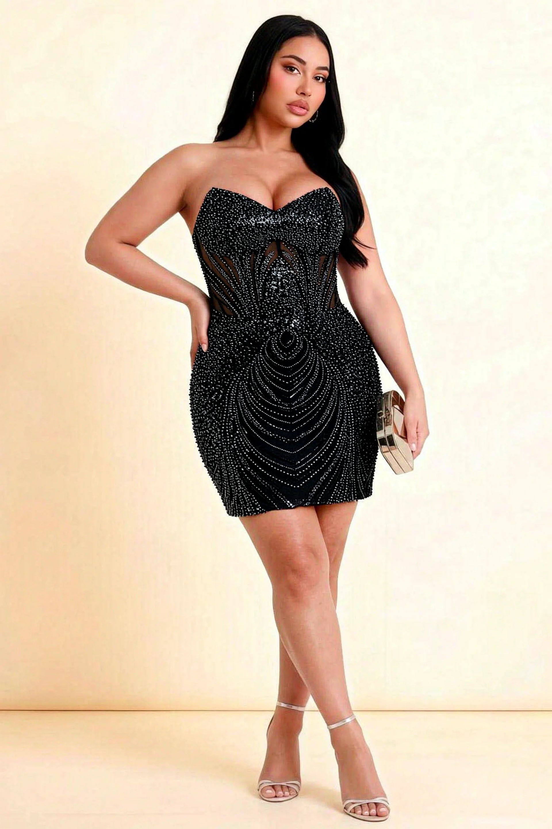 Alice Black Bodycon Beaded Mini Dress with Lace-up