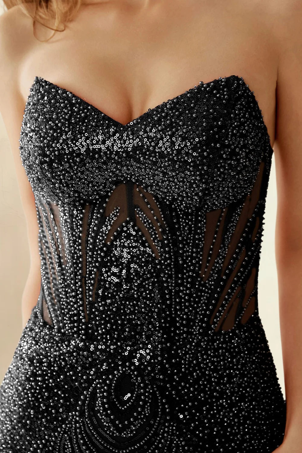 Alice Black Bodycon Beaded Mini Dress with Lace-up