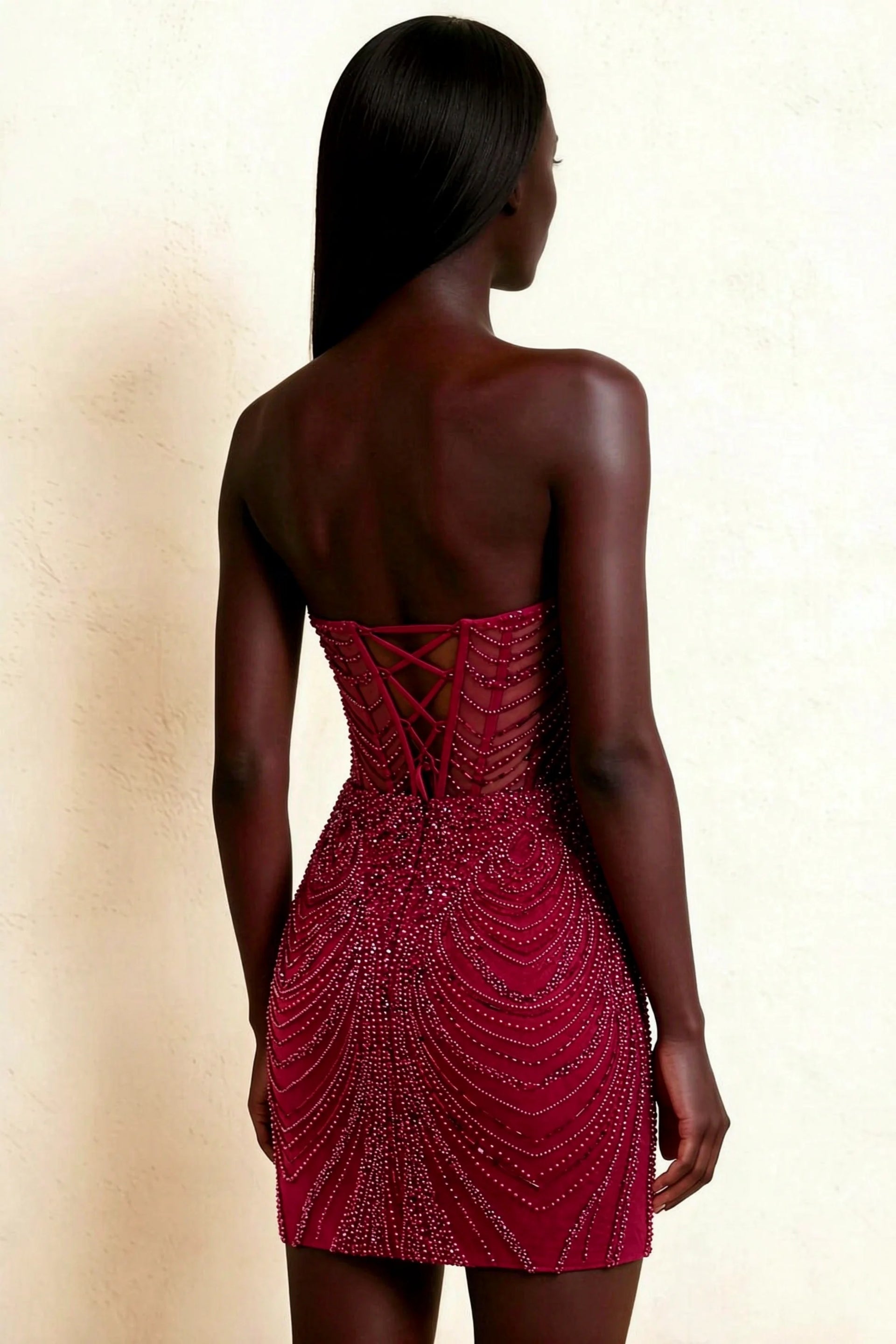 Alice Burgundy Bodycon Beaded Mini Dress with Lace-up
