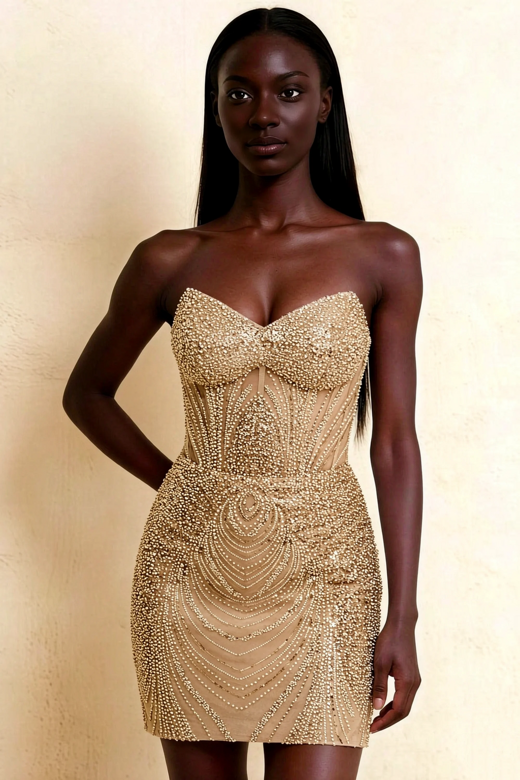 Alice Champagne Bodycon Beaded Mini Dress with Lace-up