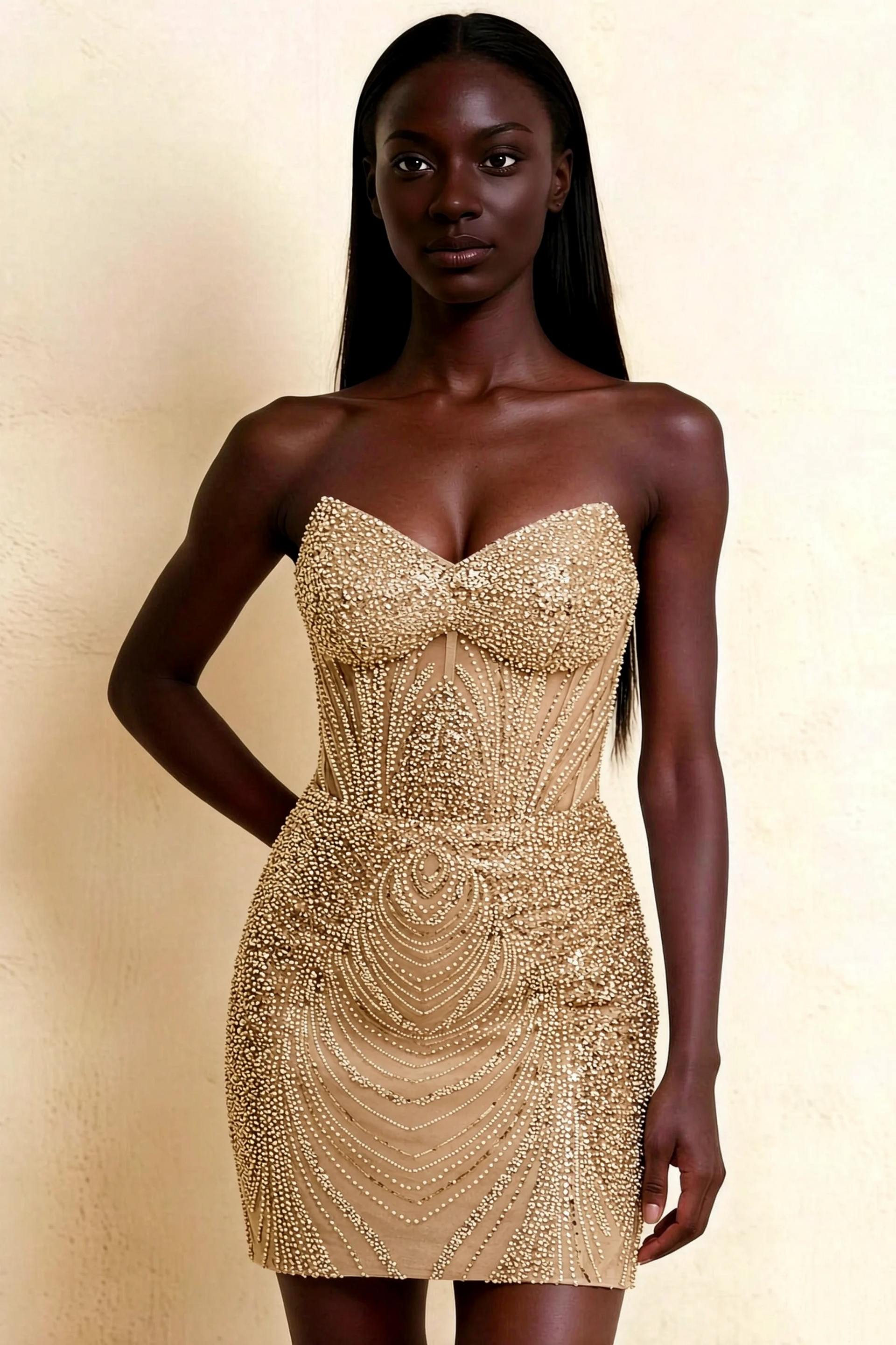 Alice Champagne Bodycon Beaded Mini Dress with Lace-up