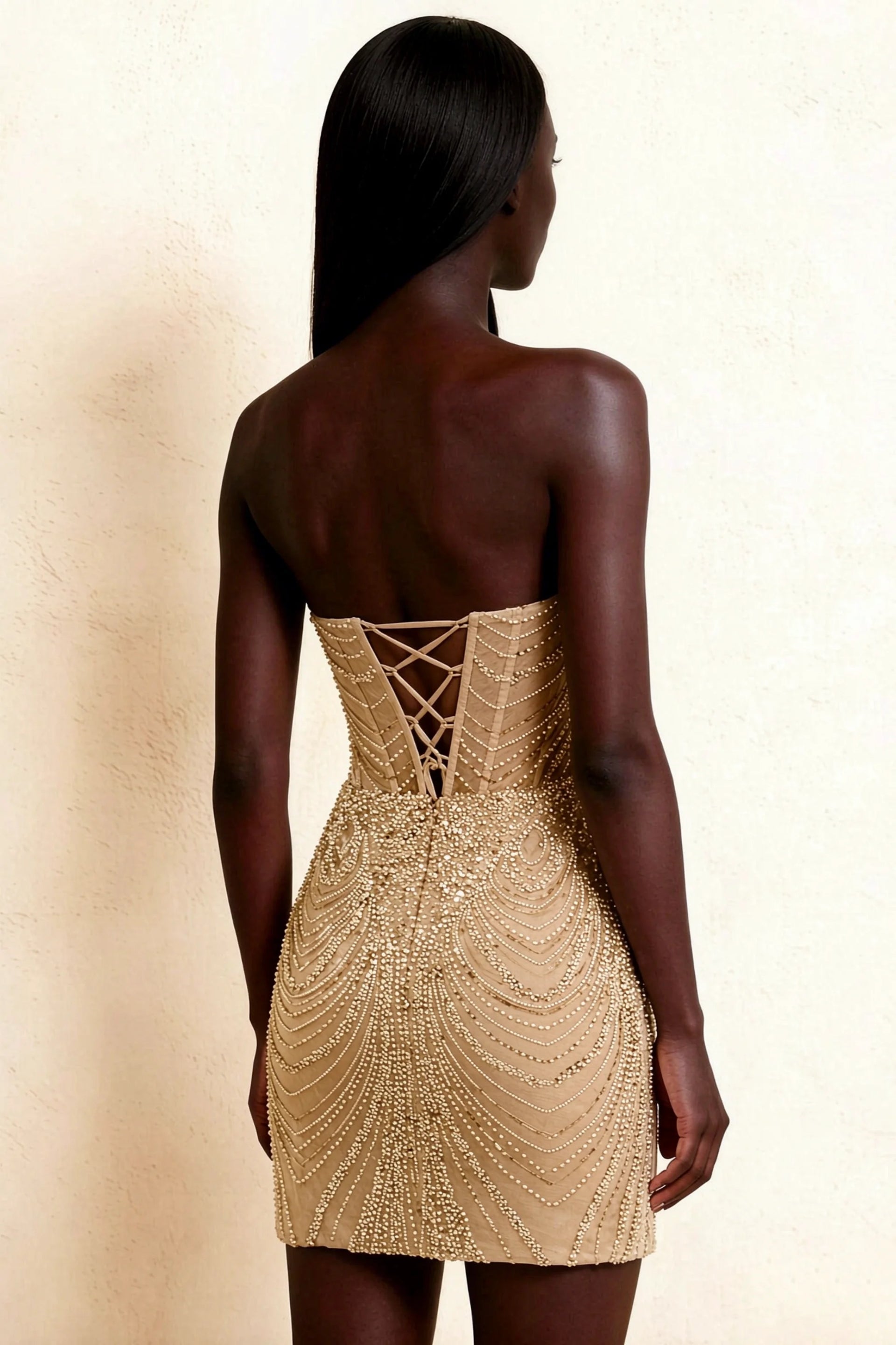 Alice Champagne Bodycon Beaded Mini Dress with Lace-up