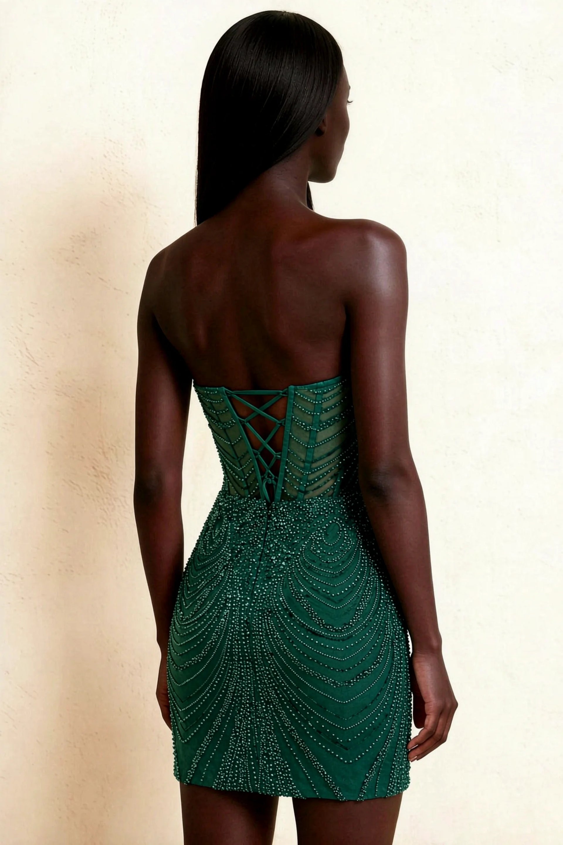 Alice Emerald Green Bodycon Beaded Mini Dress with Lace-up