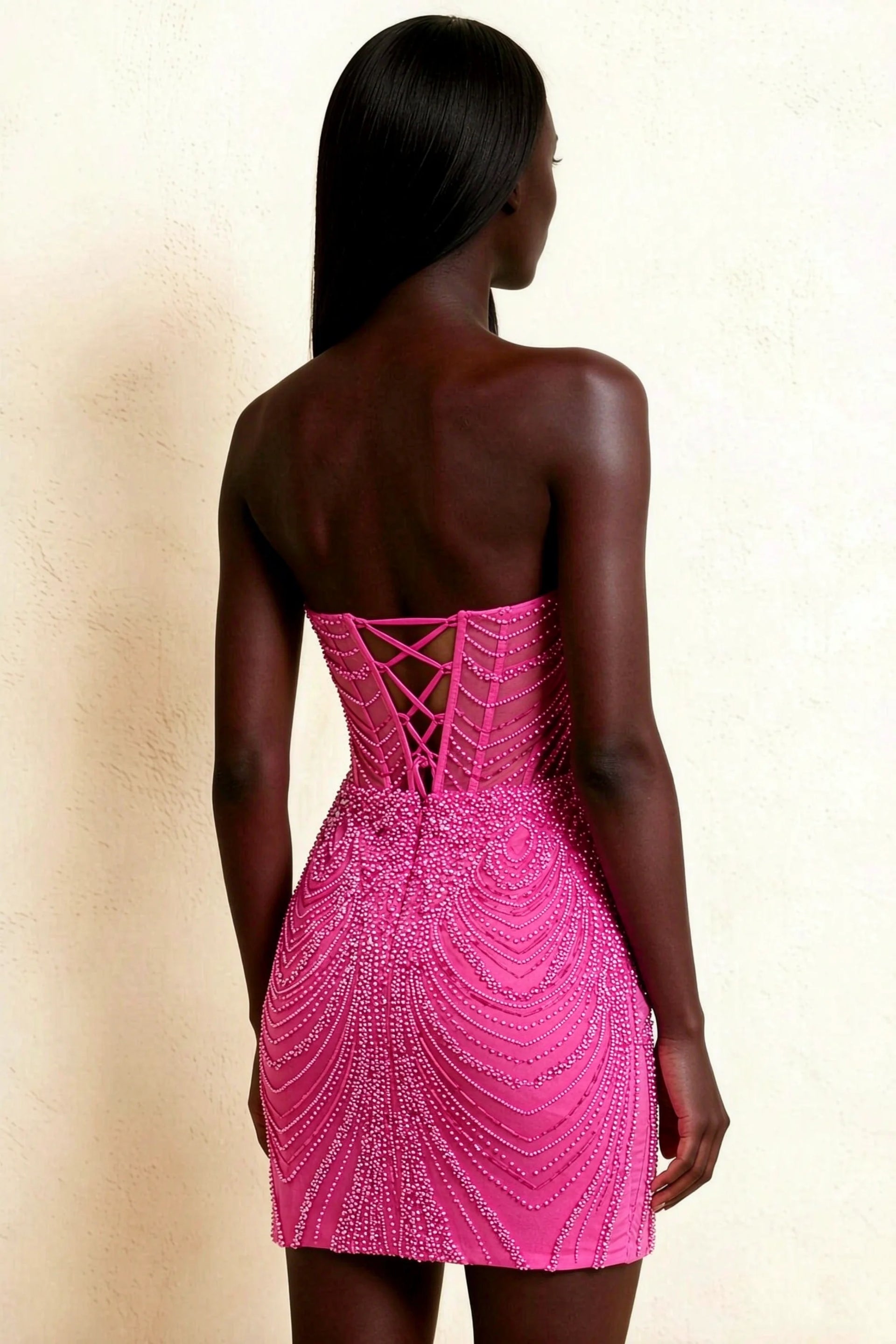 Alice Fuchsia Bodycon Beaded Mini Dress with Lace-up