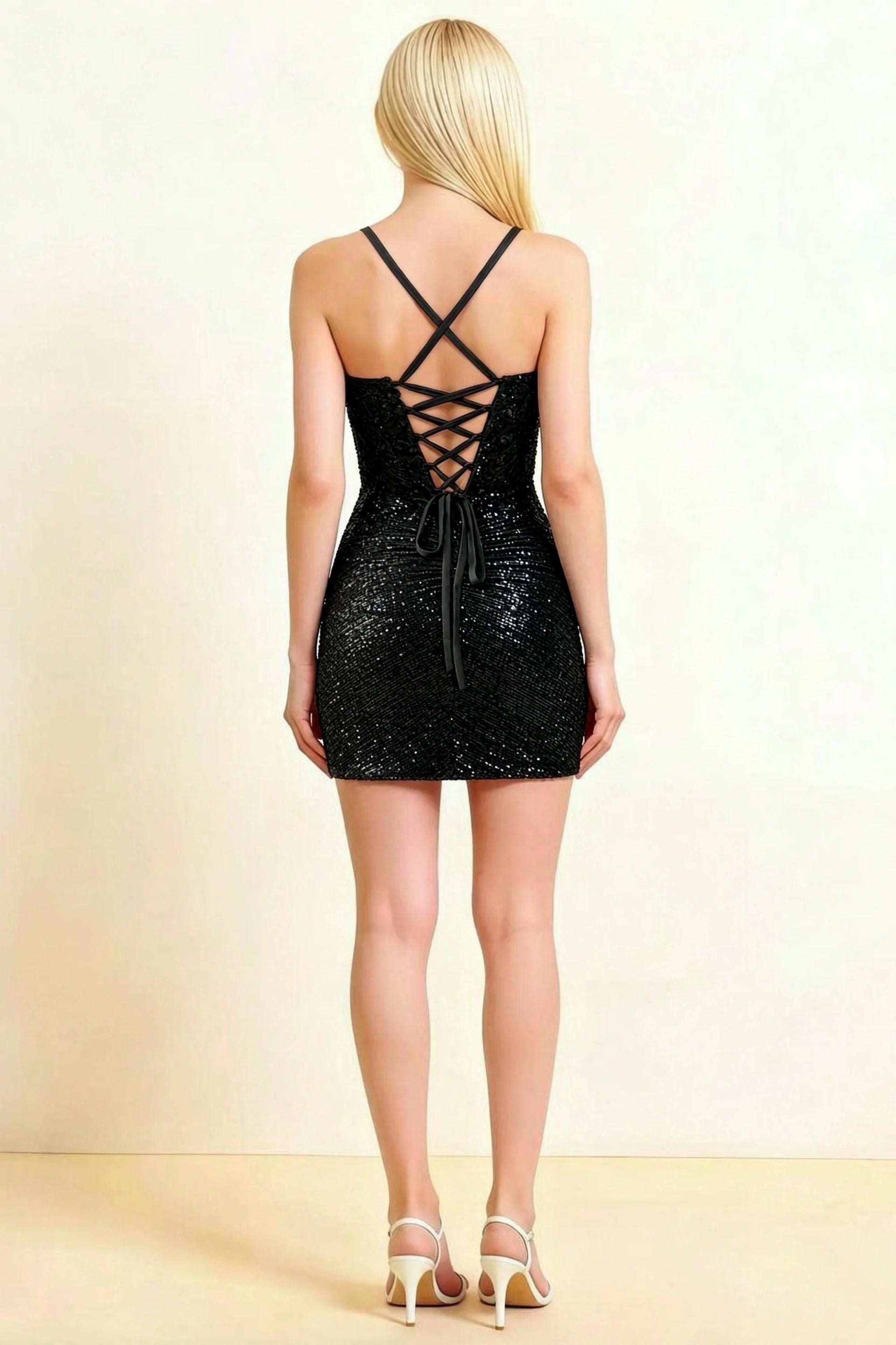 Alicia Black Sparkly Plunge-Neck Mini Dress with Applique Lace