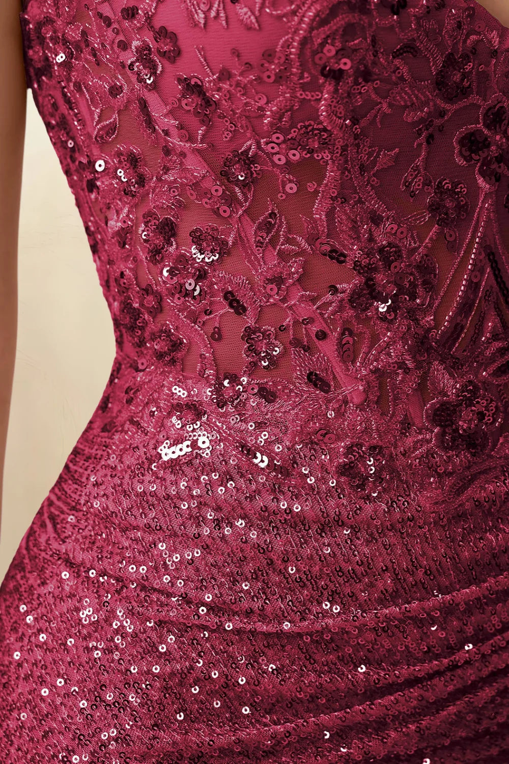 Alicia Burgundy Sparkly Plunge-Neck Mini Dress with Applique Lace