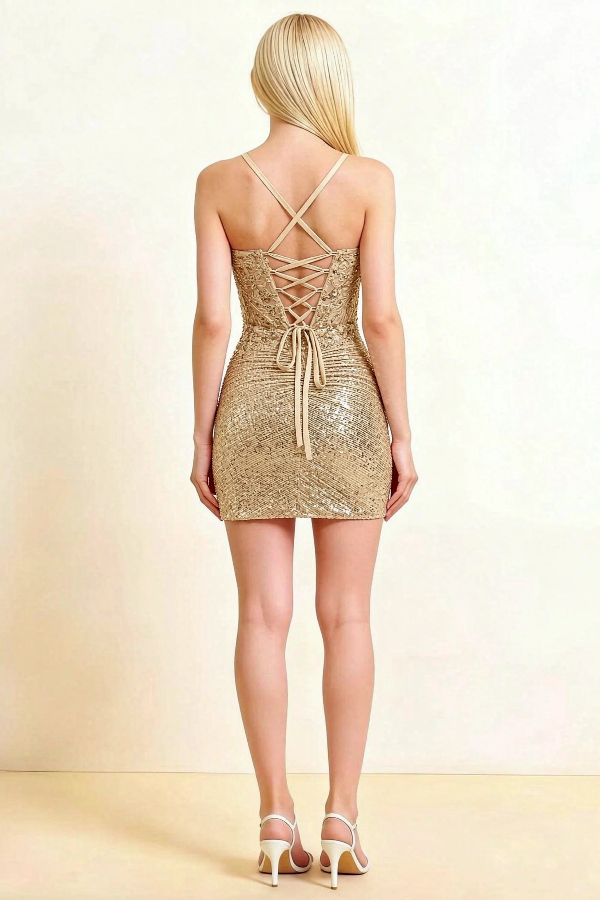 Alicia Champagne Sparkly Plunge-Neck Mini Dress with Applique Lace Imagen secundaria del producto