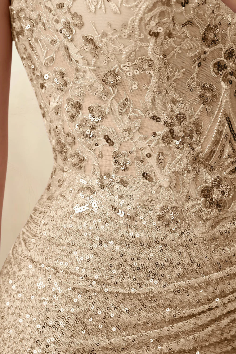 Alicia Champagne Sparkly Plunge-Neck Mini Dress with Applique Lace