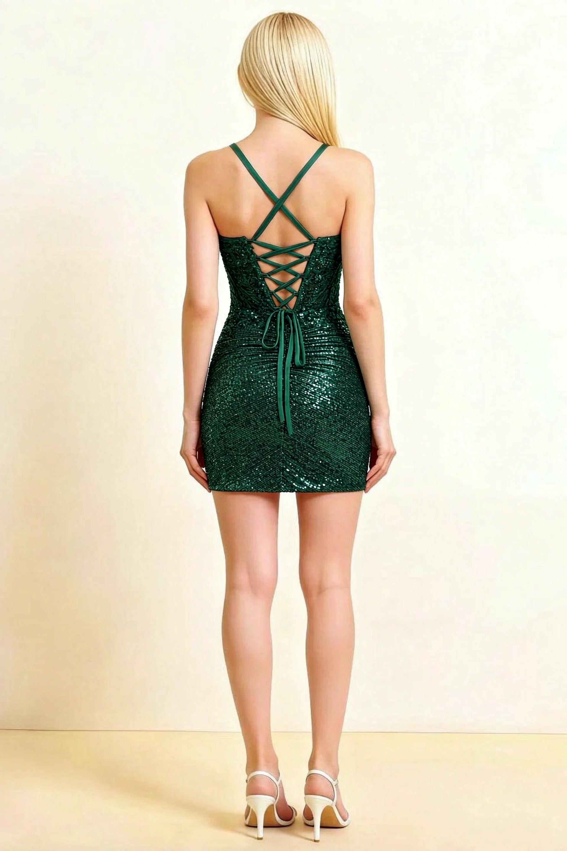 Alicia Emerald Green Sparkly Plunge-Neck Mini Dress with Applique Lace