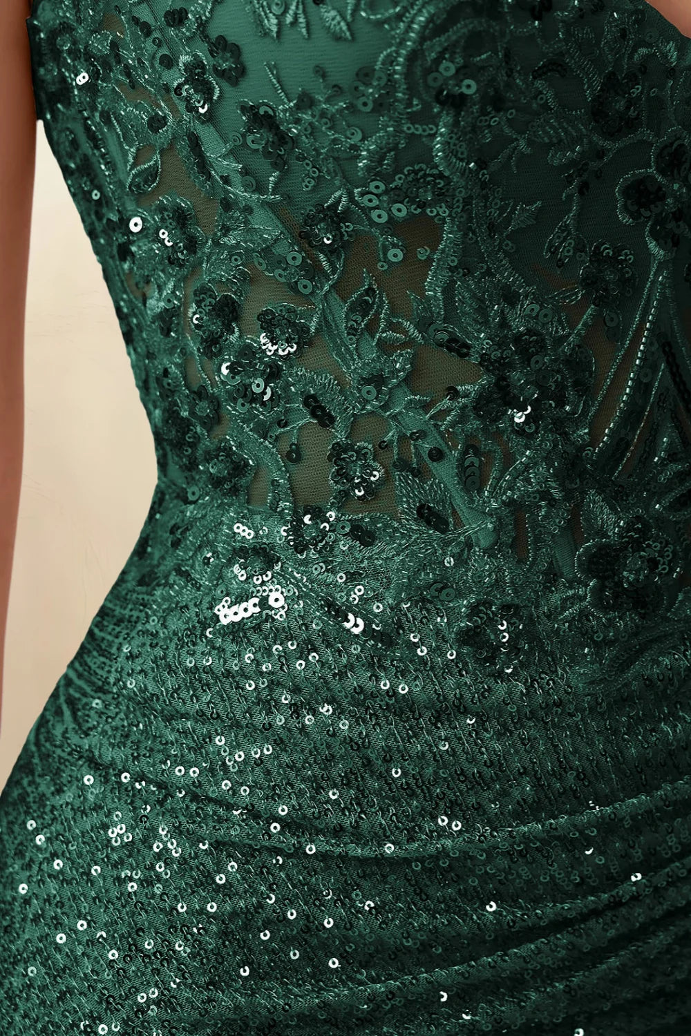 Alicia Emerald Green Sparkly Plunge-Neck Mini Dress with Applique Lace
