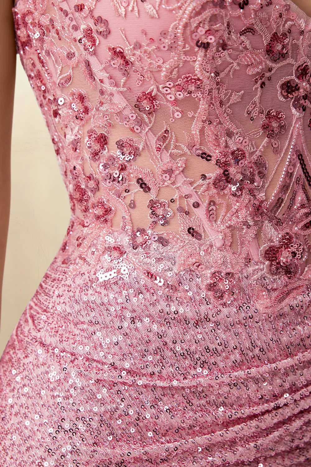 Alicia Pink Sparkly Plunge-Neck Mini Dress with Applique Lace