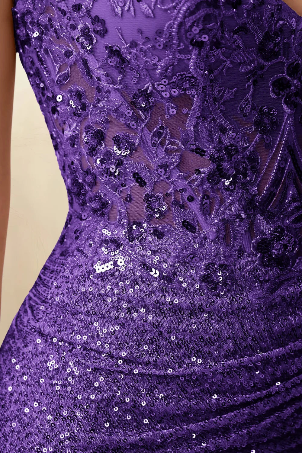 Alicia Purple Sparkly Plunge-Neck Mini Dress with Applique Lace