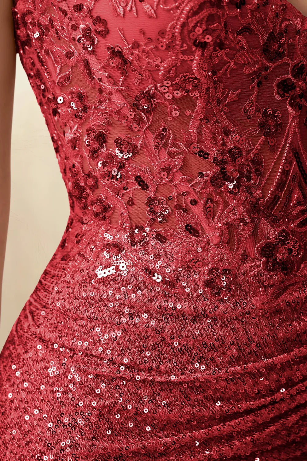 Alicia Red Sparkly Plunge-Neck Mini Dress with Applique Lace
