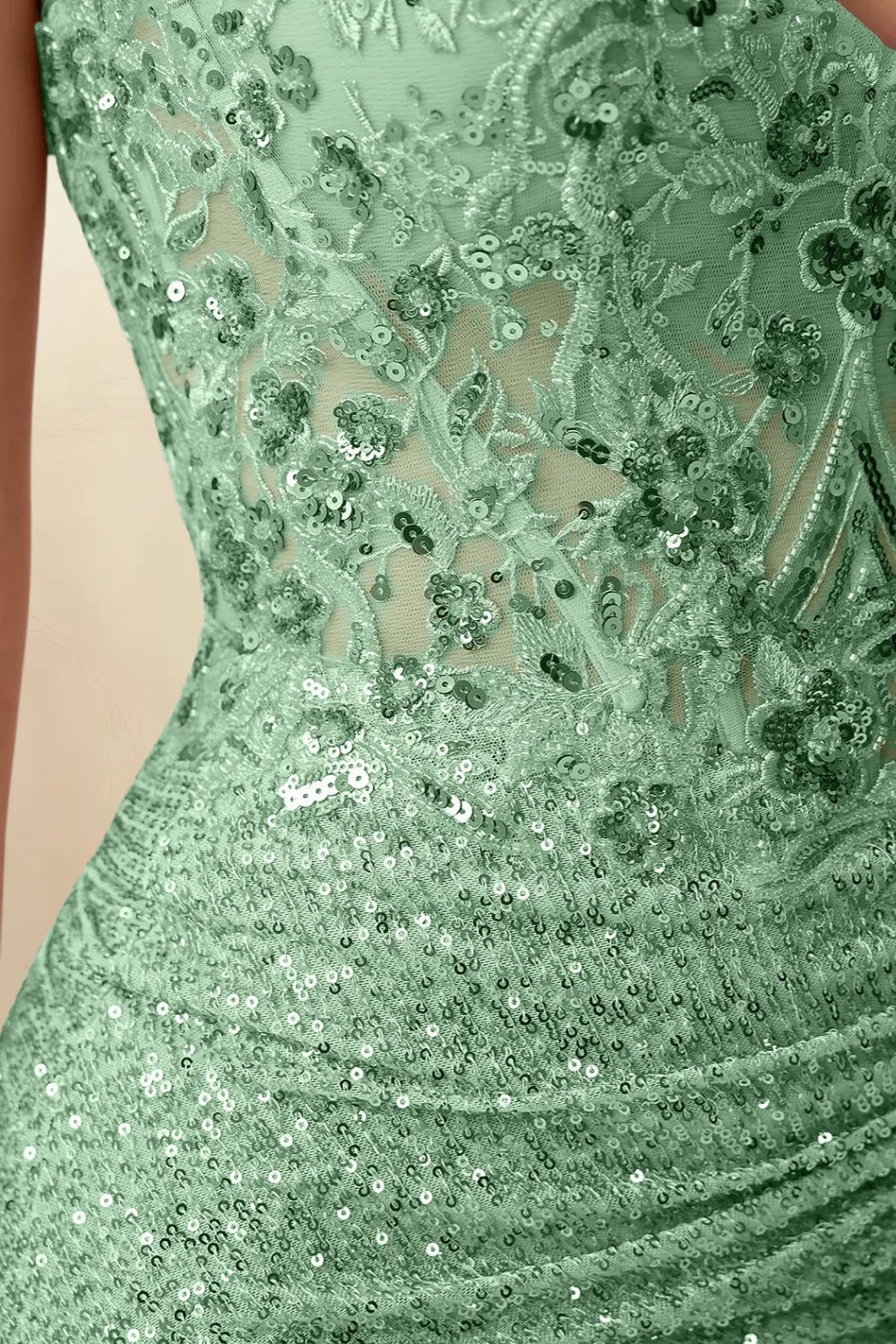 Alicia Sage Green Sparkly Plunge-Neck Mini Dress with Applique Lace