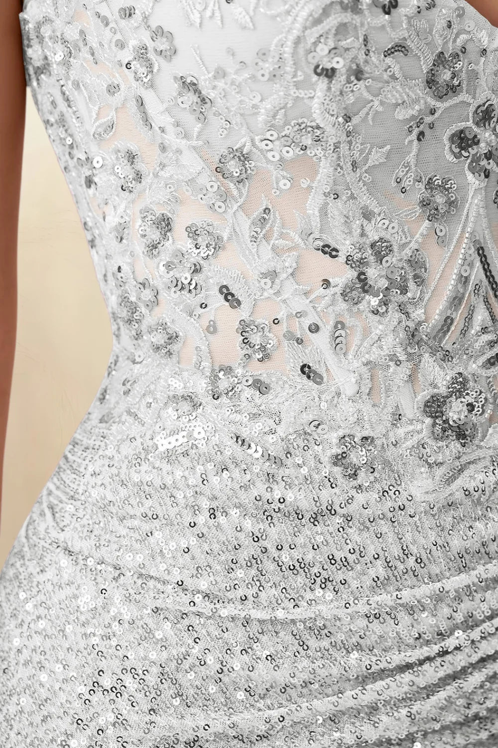 Alicia White Sparkly Plunge-Neck Mini Dress with Applique Lace