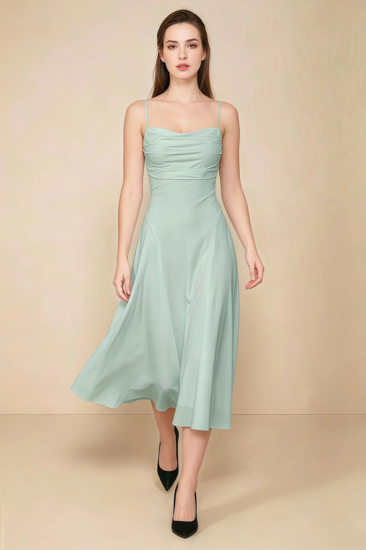 Alina Agave Satin Crisscross Lace-Up Back Midi Dress Imagen principal del producto