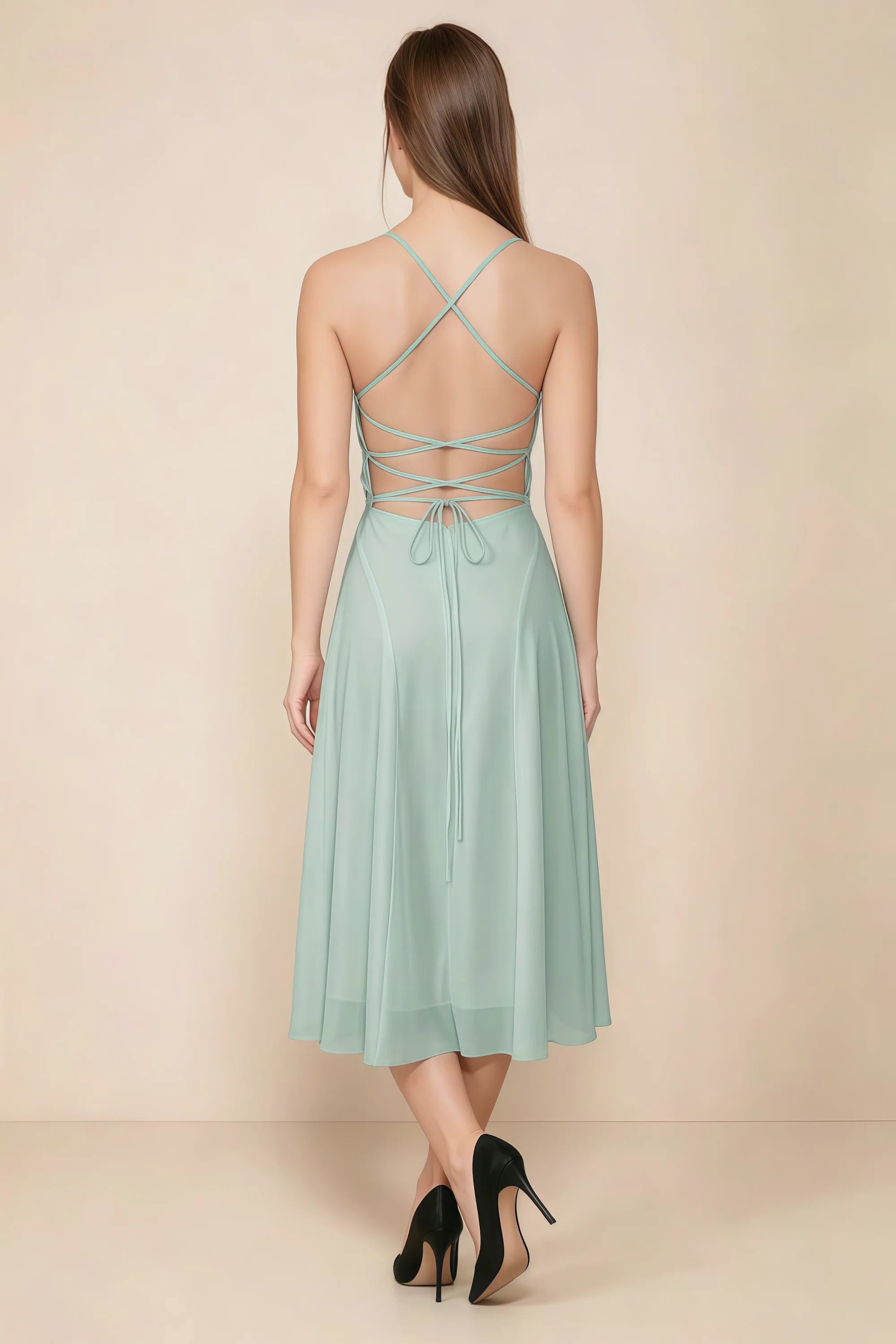 Alina Agave Satin Crisscross Lace-Up Back Midi Dress Imagen secundaria del producto