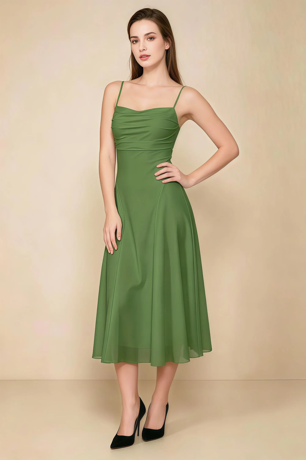 Translation missing: en.Front view of the LVLVS Alina basil midi dress, showing the draped neckline, thin shoulder straps and flowing flared skirt. content.product_image_main
