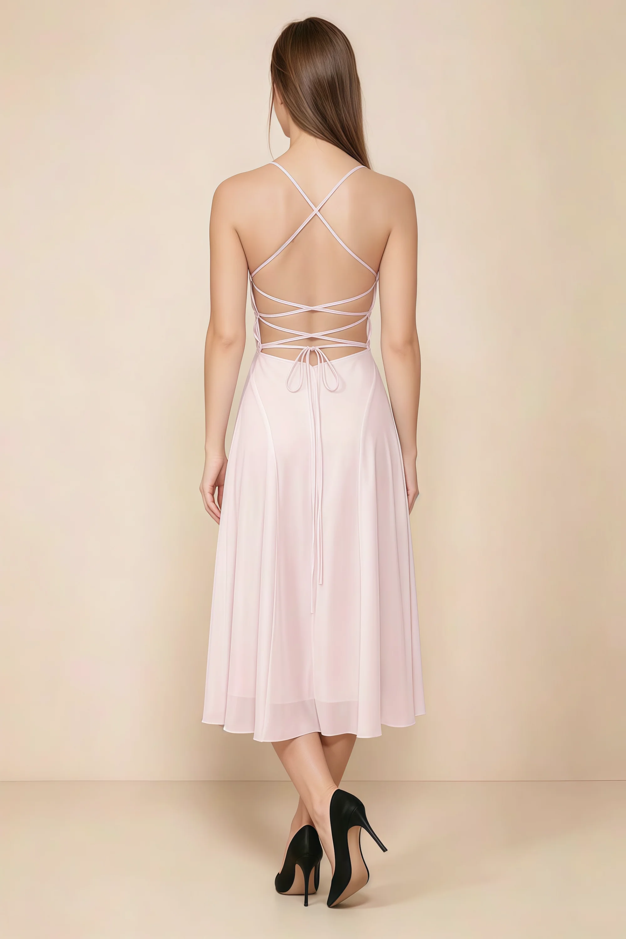 Alina Blush Satin Crisscross Lace-Up Back Midi Dress Secondary image
