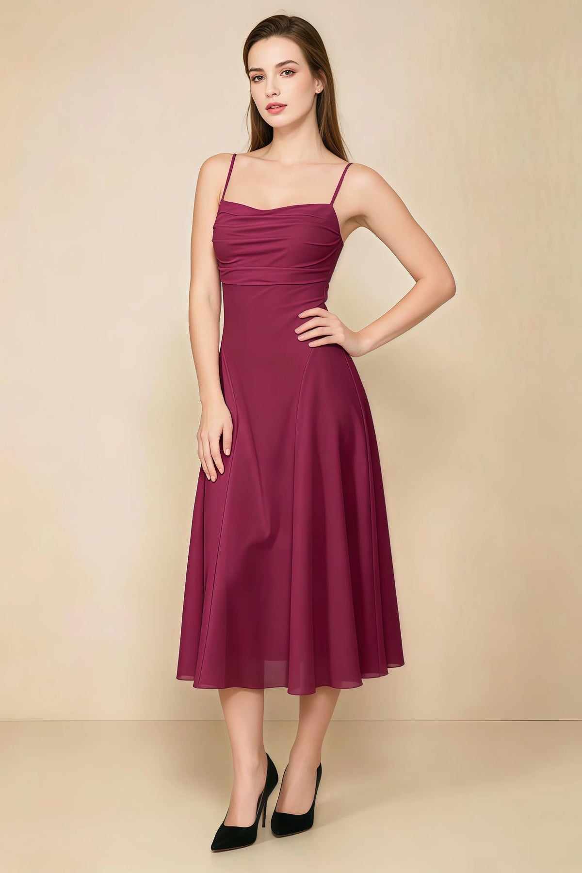 Alina Burgundy Satin Crisscross Lace-Up Back Midi Dress Imagen principal del producto