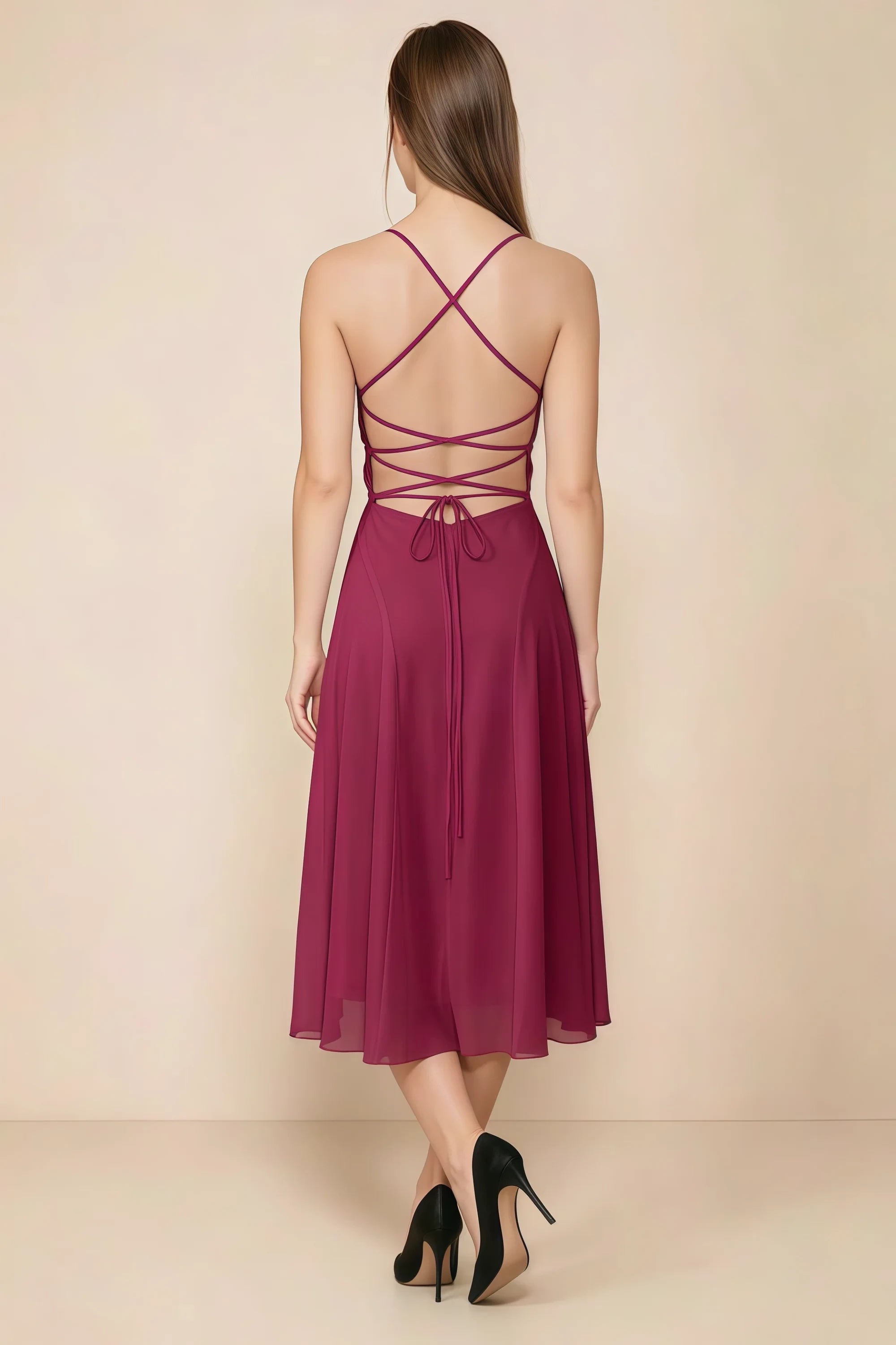 Alina Burgundy Satin Crisscross Lace-Up Back Midi Dress Imagen secundaria del producto