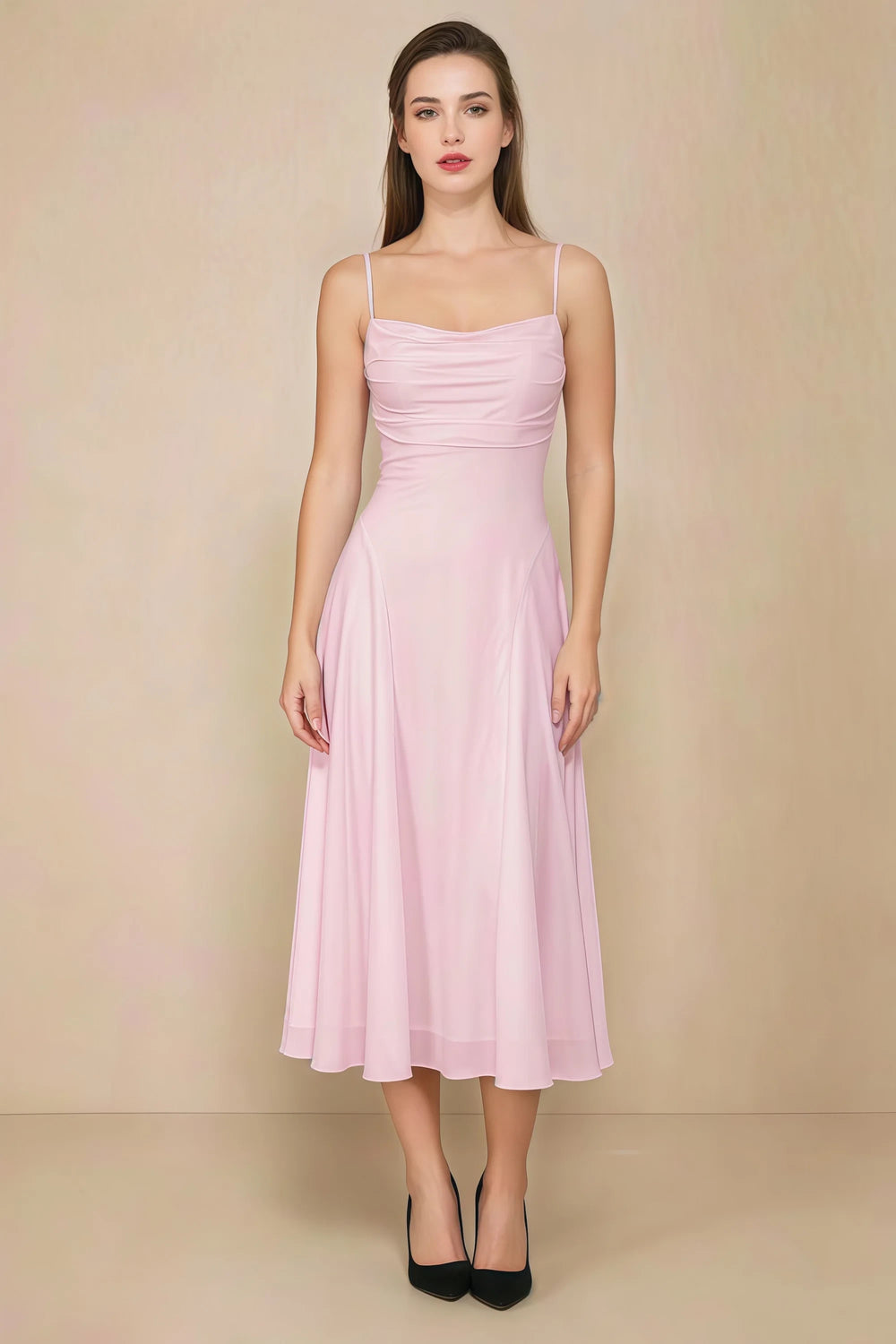 Translation missing: en.Front view of the LVLVS Alina candy pink midi dress, showing the draped neckline, thin shoulder straps and flowing flared skirt. content.product_image_main