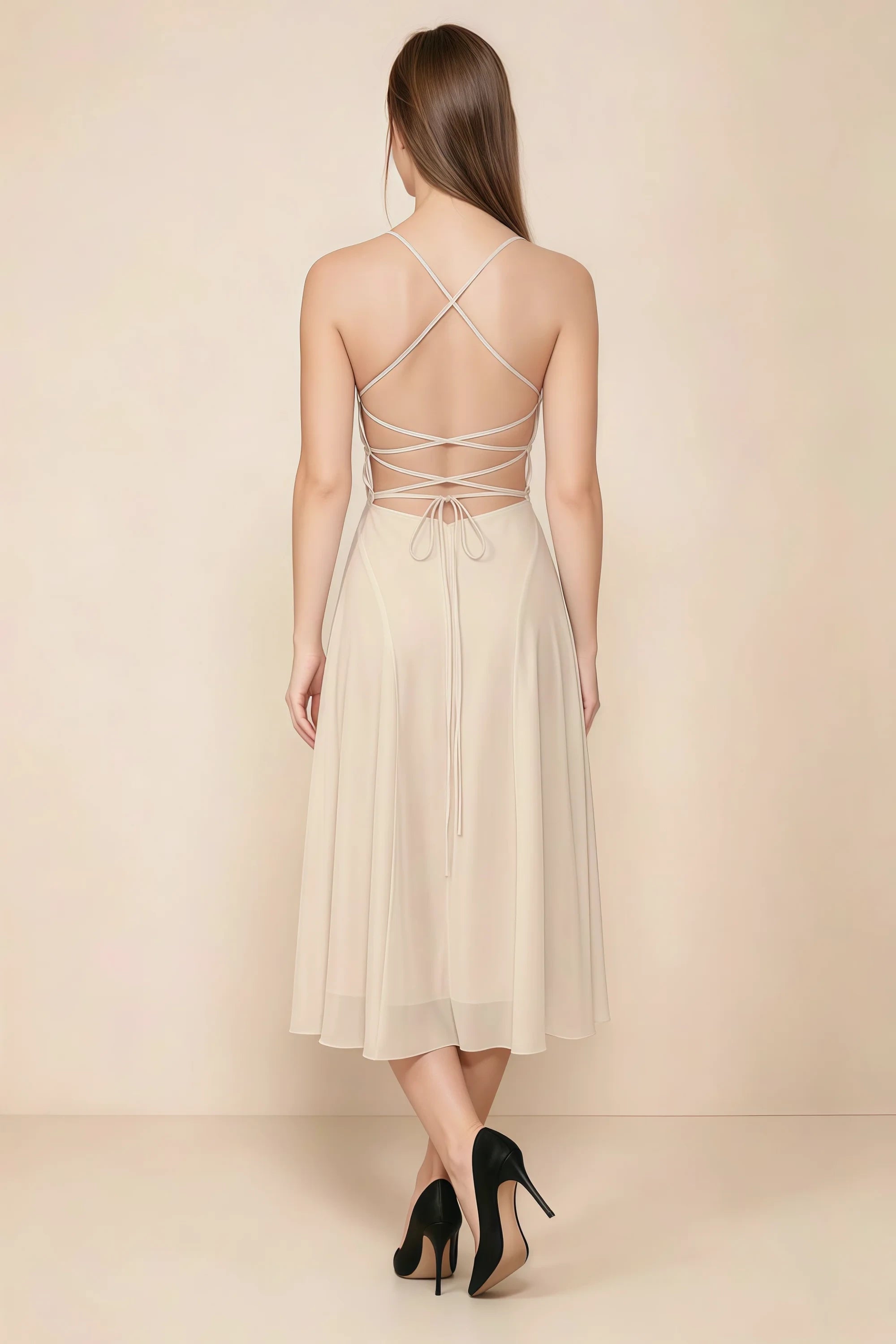 Alina Champagne Satin Crisscross Lace-Up Back Midi Dress Secondary image