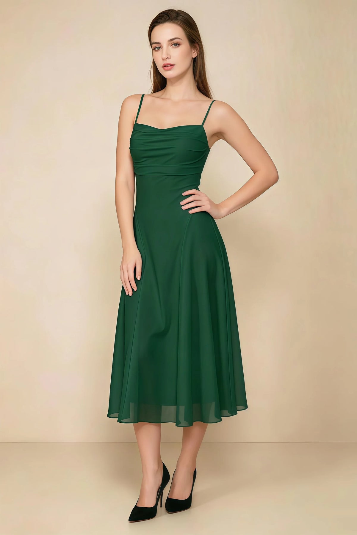 Alina Dark Green Satin Crisscross Lace-Up Back Midi Dress Imagen principal del producto
