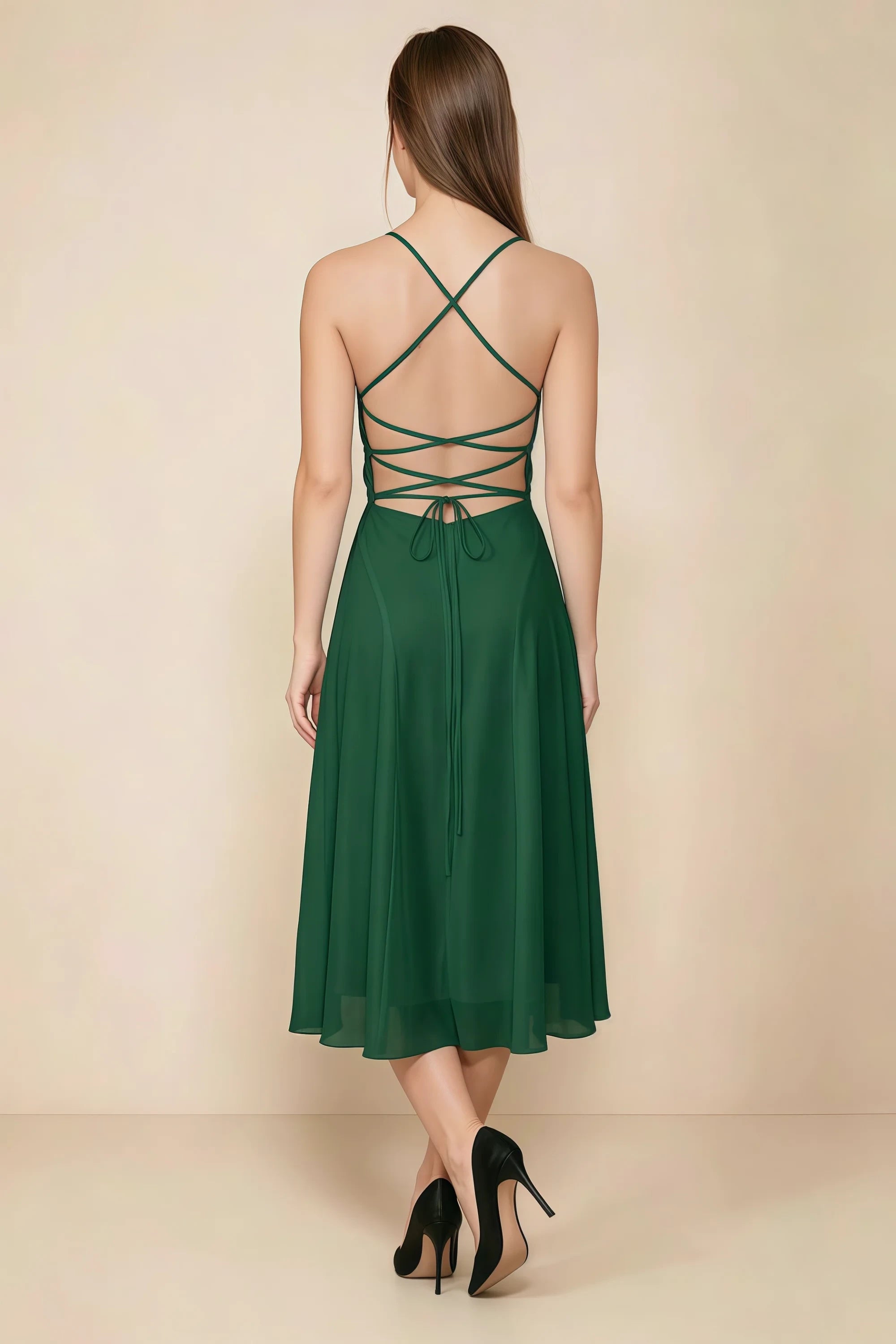 Alina Dark Green Satin Crisscross Lace-Up Back Midi Dress Imagen secundaria del producto