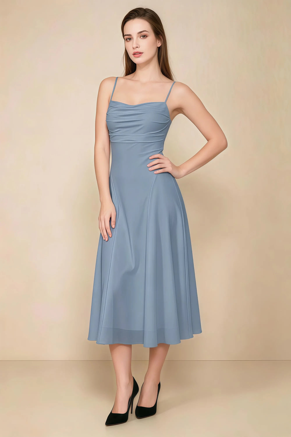 Translation missing: en.Front view of the LVLVS Alina dusty blue midi dress, showing the draped neckline, thin shoulder straps and flowing flared skirt. content.product_image_main