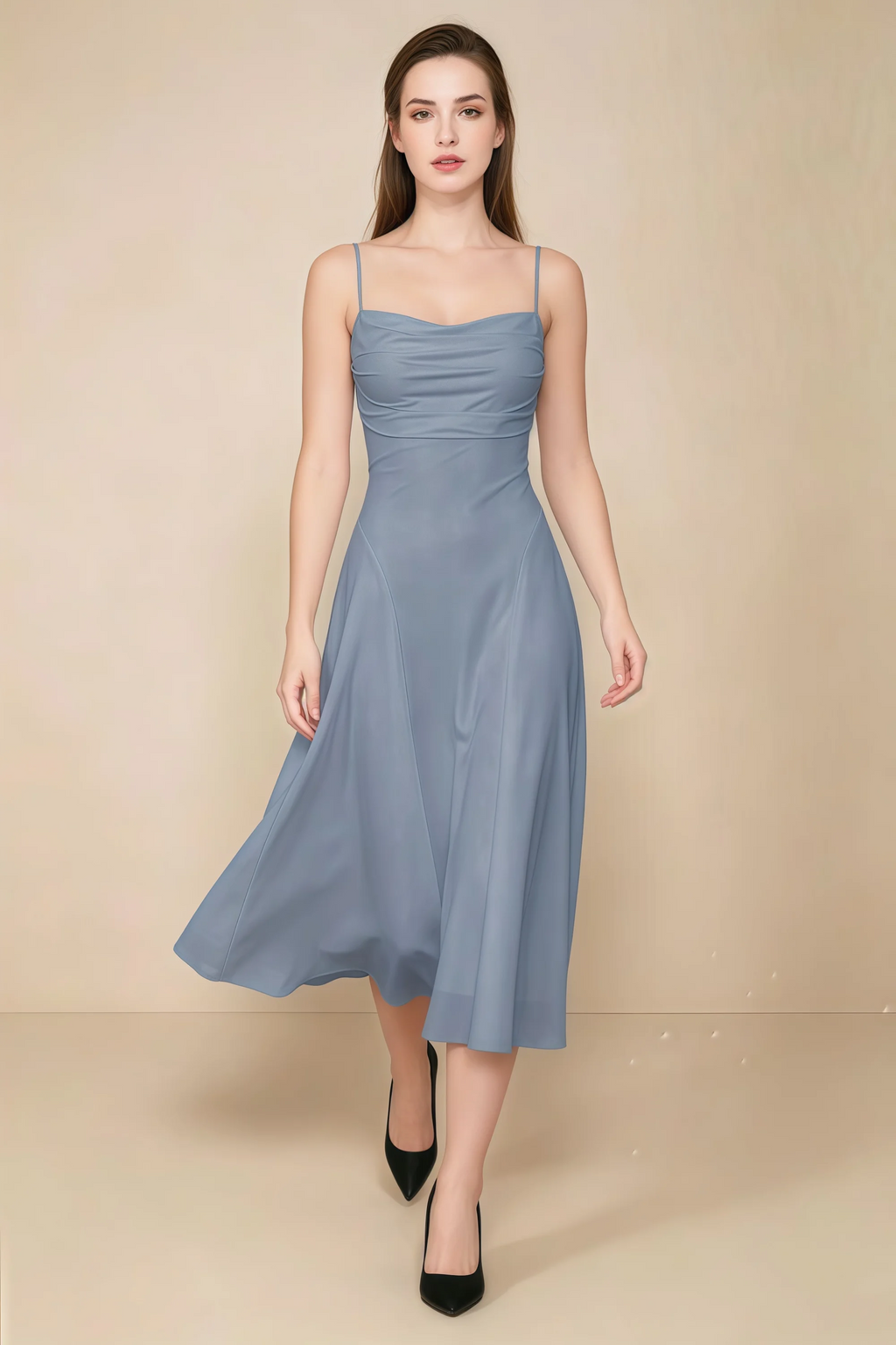 Alina Dusty Blue Satin Crisscross Lace-Up Back Midi Dress